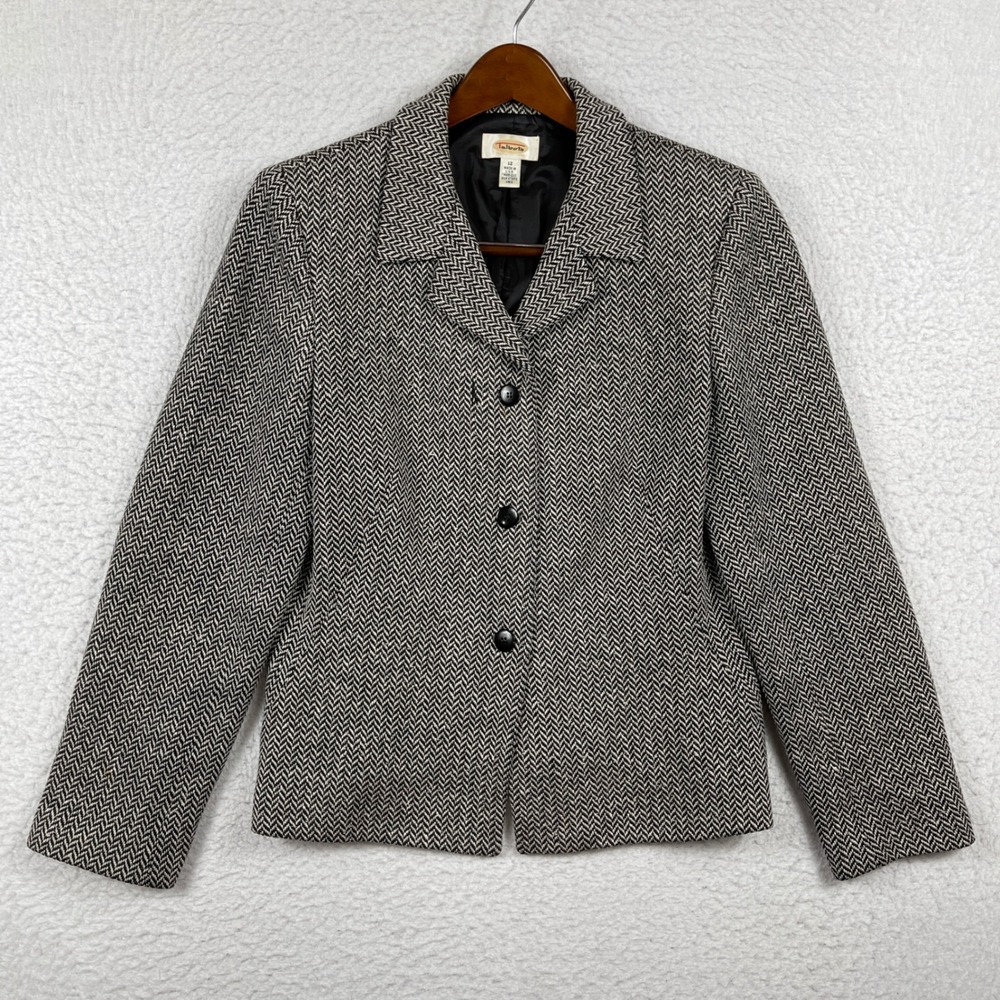 Talbots Blazer Womens 12 Black White Herringbone Wool Cashmere Silk Blend Jacket